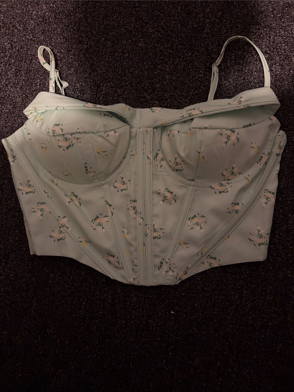 Floral Satin Corset Top Mint Green Bustier Boning size medium